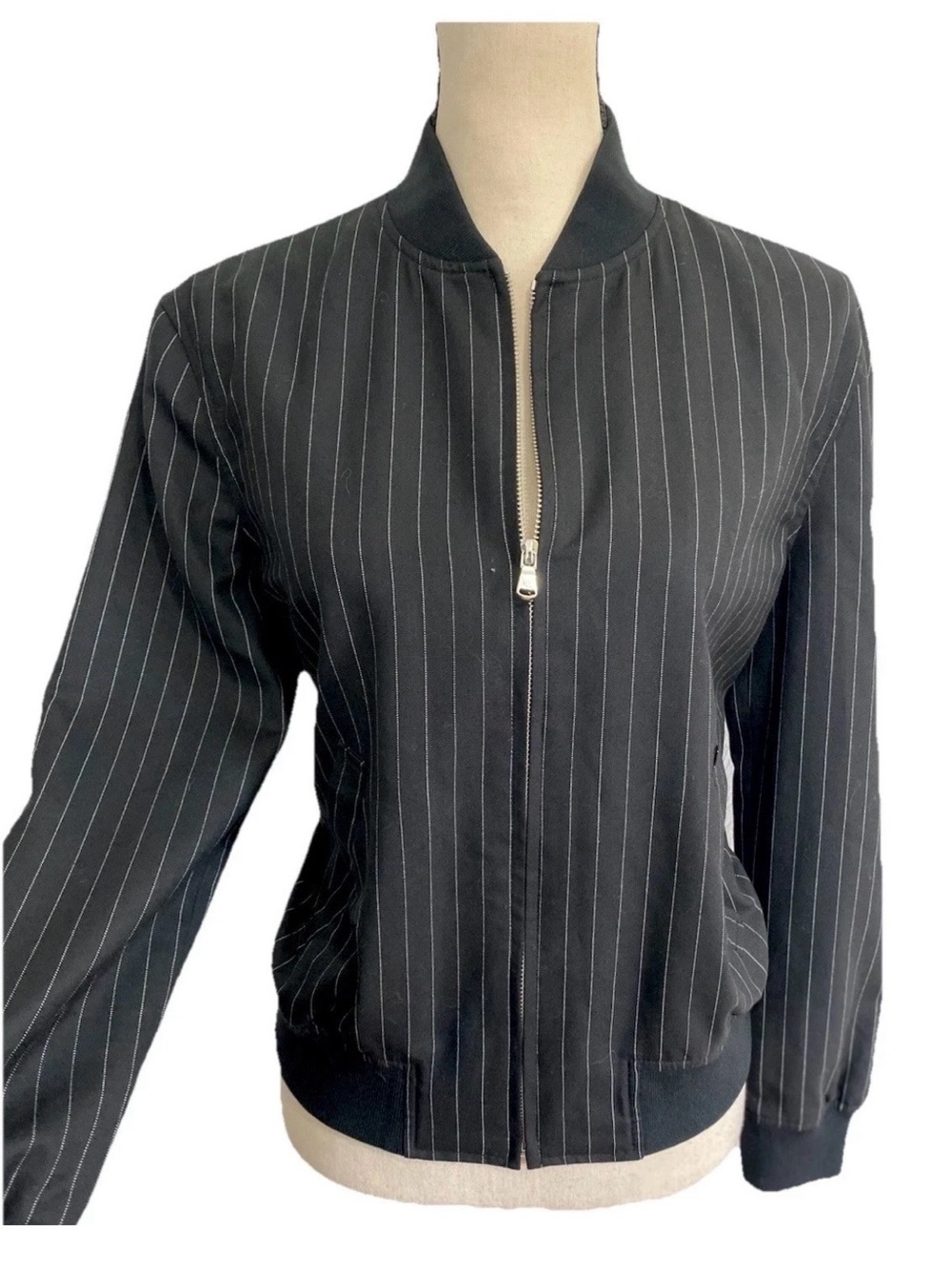 Ralph Lauren Classic Black Pinstripe Zip Bomber Jacket 100% Wool Size 10